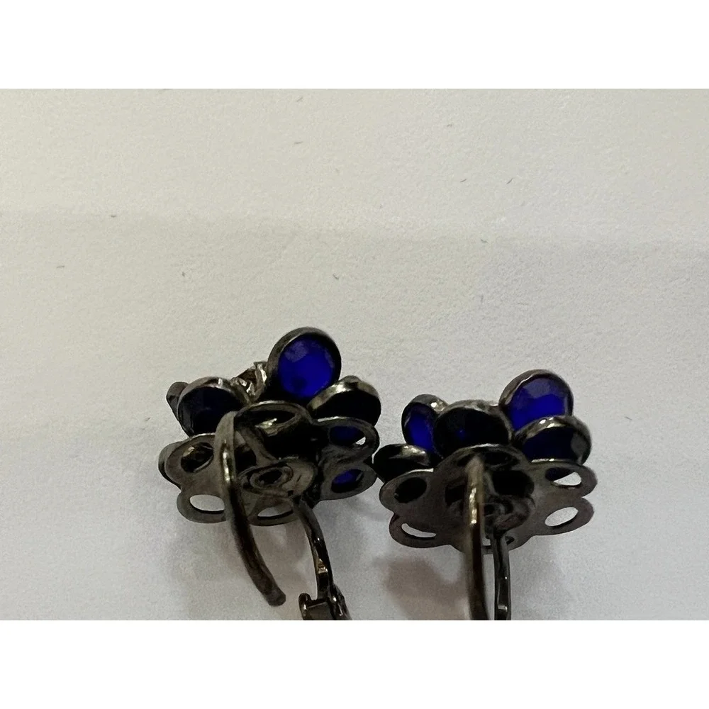 Vintage Cobalt Blue Glass‎ Floral Clip On Earrings Art Deco Rhinestone Flower